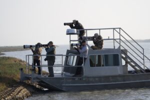 Photographers capturing whooping cranes during a Gulf Coast wildlife photography workshop